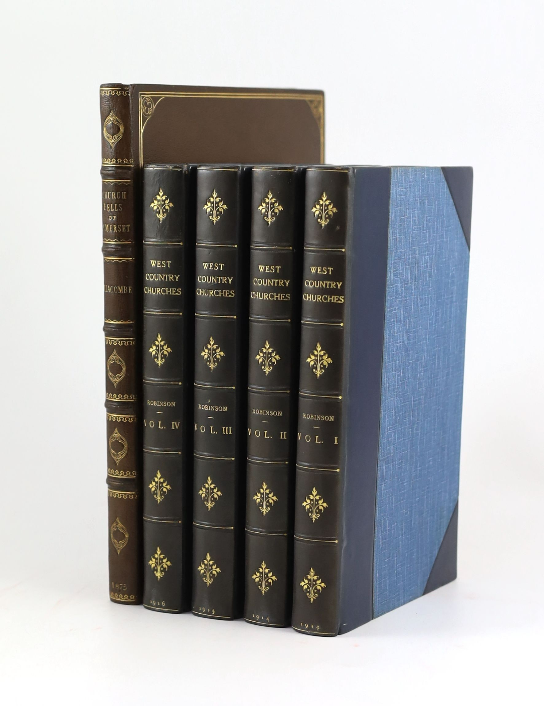 Robinson, John Martin - West Country Churches, 4 vols, 8vo, half blue morocco gilt, Bristol Times and Mirror, 1914-16 and Ellacombe, Reverend Henry Thomas - The Church Bells of Somerset, 4to, rebound crushed brown morocc